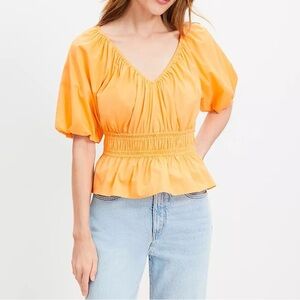 LOFT Orange Smocked Waist V-Neck Peplum Blouse